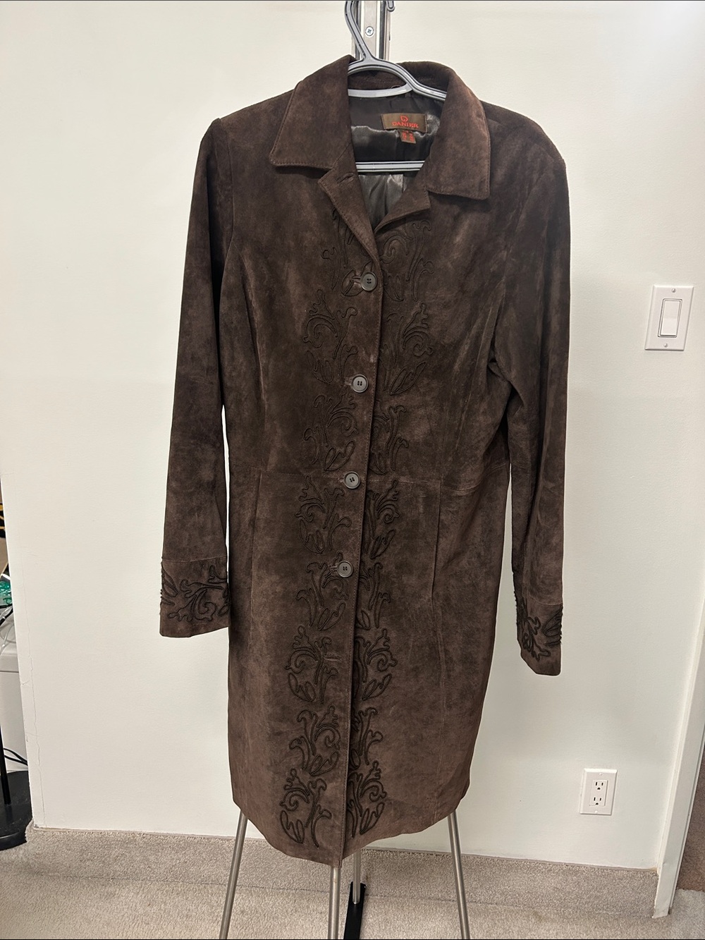 Vintage Danier Women's Brown Suede leather Embroidered Long Coat